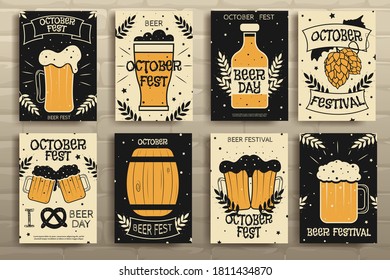 Flyer Oktoberfest beer festival celebration. Posters for the Oktoberfest, beer tap, hops, barrel.  Vintage beer label on the golden beer background. Vector illustration