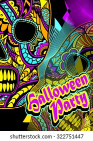 Flyer on Halloween party with Decorate Skull painted ornament in lilac orange blue yellow