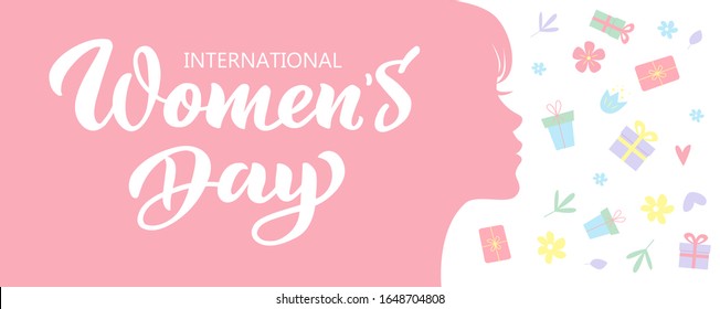 Flyer on March 8 vector hand drawn lettering. Banner for International Women's Day. Template greeting card with pink feminine silhouette, female face profile silhouette with flowers and presents