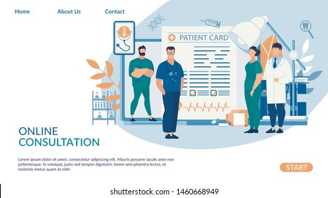 Flyer Online Consultation, Patient Card Lettering.  Doctors Discuss Patient Health Data and Contribute to his Card.  Men and Women Work in Clinic. Medical Staff Online. Vector Illustration.