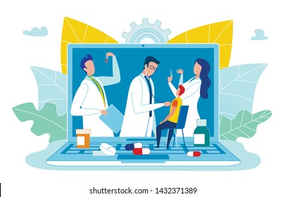 Flyer Online Medical Consultation Cartoon Flat. Consultation and Examination Patient over Internet. On Laptop Screen, Doctors Prescribe Drugs and Manipulations. Doctor Uses Stethoscope. 