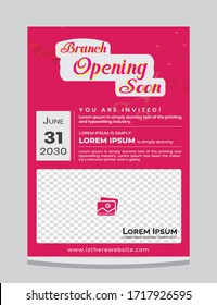 Volante, Inauguración pronto, hoja de invitación, diseño de plantilla vectorial en un folleto tamaño A4.
