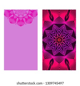 Flyer Pages Ornament Illustration Concept With Mandala. Vintage Art Indian, Magazine. Vector Decorative Layout Design. Purple color.