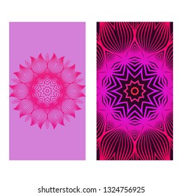 Flyer Pages Ornament Illustration Concept With Mandala. Vintage Art Indian, Magazine. Vector Decorative Layout Design. Purple color.