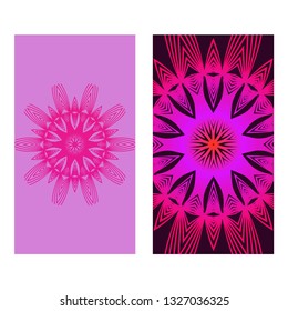 Flyer Pages Ornament Illustration Concept With Mandala. Vintage Art Indian, Magazine. Vector Decorative Layout Design. Purple color.