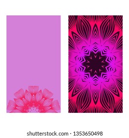 Flyer Pages Ornament Illustration Concept With Mandala. Vintage Art Indian, Magazine. Vector Decorative Layout Design. Purple color.