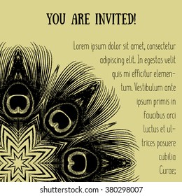 Flyer with peacock feather motifs vector illustration