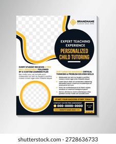 A flyer for personalized child tutoring, expert teaching experience. vertical layout background with infographic and photo space element. combination yellow and black colos element isolated on white background