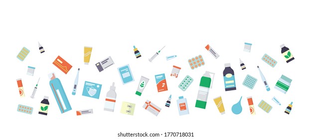 Flyer for the pharmacy with medications, drugs, pills and bottles. Isolated vector illustration in flat style on white background