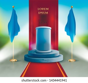 Flyer Political Tribune Head State Realistic 3d. Flags are Located Near Podium. Stage Equipment Various Public Holidays. Professional Installation Services for Stage Equipment. Vector Illustration.