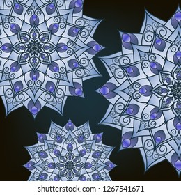 Flyer, postcard with mandala blue floral patterns, oriental design. Layout template Islamic, Arab, Indian, Ottoman, Asian motifs. First and back pages. Easy to use and edit. Vector graphics