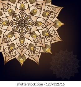 Flyer, postcard with mandala gold floral patterns, oriental design. Layout template Islamic, Arab, Indian, Ottoman, Asian motifs. First and back pages. Easy to use and edit. Vector graphics