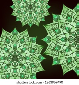 Flyer, postcard with mandala green floral patterns, oriental design. Layout template Islamic, Arab, Indian, Ottoman, Asian motifs. First and back pages. Easy to use and edit. Vector graphics