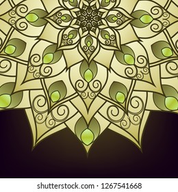 Flyer, postcard with mandala green floral patterns, oriental design. Layout template Islamic, Arab, Indian, Ottoman, Asian motifs. First and back pages. Easy to use and edit. Vector graphics