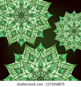 Flyer, postcard with mandala green floral patterns, oriental design. Layout template Islamic, Arab, Indian, Ottoman, Asian motifs. First and back pages. Easy to use and edit. Vector graphics