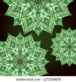 Flyer, postcard with mandala green floral patterns, oriental design. Layout template Islamic, Arab, Indian, Ottoman, Asian motifs. First and back pages. Easy to use and edit. Vector graphics