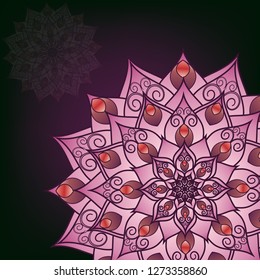 Flyer, postcard with mandala red floral patterns, oriental design. Layout template Islamic, Arab, Indian, Ottoman, Asian motifs. First and back pages. Easy to use and edit. Vector graphics