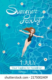 Afiche de volante invitando a una fiesta de verano en la piscina con una chica vestida con un traje de baño negro de una sola pieza. Plantilla de pincel con ondas azules con resaltados en estilo plano de caricatura