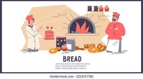 Flyer oder Plakat für die Bakehousvorlage mit frischem Brot und Bäckereien. Bäckerei-Bannerlayout, Werbung für Bakeshop, flache Vektorgrafik.