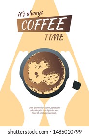 Flyer, poster, banner, brochure design template for coffee, cafe bar, restaurant menu, coffee shop. Top view on hands holding a cup of coffee.