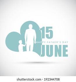 Flyer, poster or banner design with white silhouette of a young man holding hand of his kid and stylish text on grey background.