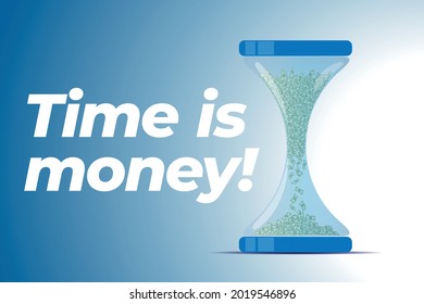 Flyer poster banner template. Hourglass paper money banknotes falling down. Time is money.