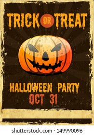 Flyer, poster or banner for Trick or Treat Halloween Party on grungy background with scary pumpkin. 