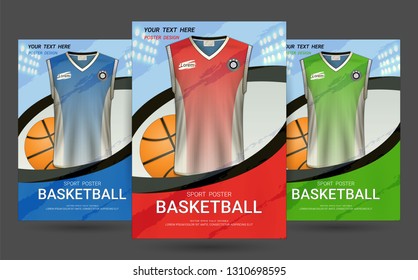 Flyer & Poster Cover design template with Basketball jersey and t-shirt sport mockup uniform, Editable graphic element in red, blue and green colors. (EPS10 vector fully editable and color change)