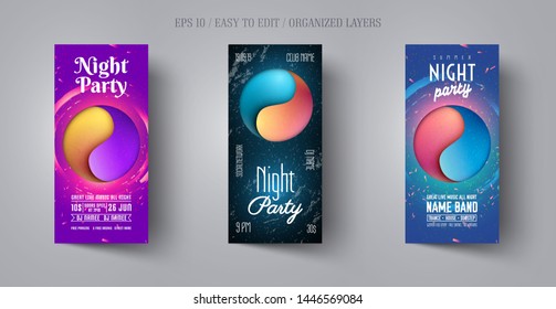 Flyer or poster design template for musical night party. Modern abstract background in the style of cut paper. Yin Yang sign. Banner layout for disco club,dance event,concert, show.Vector illustration