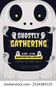 Flyer poster for the "Ghostly Gathering" event with an illustration concept of a large ghost at the top and small ghosts around it.