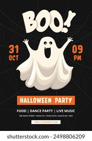 Flyer, poster, Halloween party. A jolly ghost exclaims Boo. Celebrate Halloween night with a dance party featuring food and live music on October 31st, where fun and fright await all.