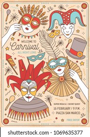 Flyer, poster or invitation template for masquerade ball, Mardi Gras carnival or party with cartoon characters wearing colorful masks and costumes. Vector illustration in modern line art style.