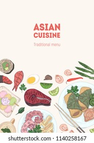 Flyer, poster or menu template with delicious traditional Asian cuisine meals lying on plates, food and spices hand drawn on white background. Colorful realistic vector illustration for restaurant.