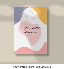 Flyer poster mockup template design on wall with shadow overlay. Vector illustration.
