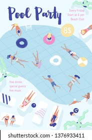 Flyer, poster, party invitation template with people dressed in swimwear swimming and diving in pool, lying on sunloungers and sunbathing. Flat vector illustration for summer outdoor event promotion.