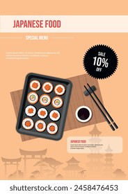 Flyer, poster with silhouette of Asian architecture, Asian food advertisement, rolls in a plate with chopsticks and soy sauce advertisement. Vector illustration.