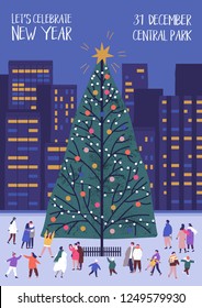 Flyer or poster template with decorated Christmas tree and tiny people walking nearby on city square. Modern vector illustration in flat style for outdoor New Year party advertising, event promotion.