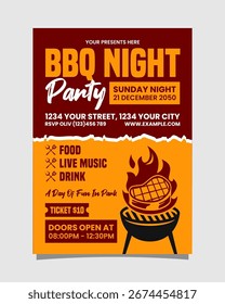 Diseño de Plantilla de volante o póster para fiesta nocturna de barbacoa. Fondo naranja con Formas e ilustraciones amarillas. Adecuado para invitaciones, redes sociales.