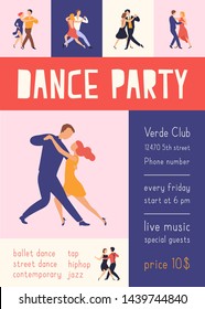 Flyer or poster template with elegant people dancing Argentine tango for dance party or festival advertisement. Modern flat cartoon colorful vector illustration for promotion of choreography event.