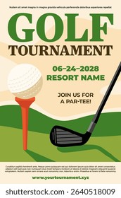 Flyer or poster template for golf tournament with ball, tee, club and sample text. Vector illustration.