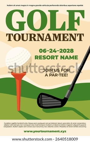 Flyer or poster template for golf tournament with ball, tee, club and sample text. Vector illustration.