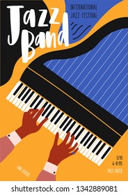 Planta de volantes o afiches para festival de jazz, concierto, actuación musical con las manos de pianistas tocando piano de cola y letras. Ilustración vectorial en estilo plano contemporáneo para la presentación de eventos musicales.