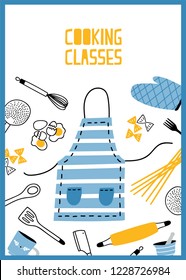 Flyer or poster template with kitchen utensils, tools and equipment for meals preparation. Colored vector illustration in flat style for cooking school, classes or lessons advertising, promo.