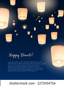 Flyer or poster template with Kongming lanterns flying in evening sky and place for text. Colored vector illustration for traditional Chinese mid autumn, Diwali and Yee Peng festivals celebration.