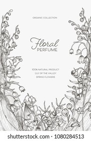 Flyer or poster template with Lily of the valley flowers hand drawn with black contour lines on white background. Gorgeous realistic vector illustration for organic perfume product promotion