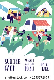 Flyer or poster template for summer camp festival with people or tourists living in tents, trailers, camper vans and RVs. Flat cartoon vector illustration for outdoor event promotion, advertisement.