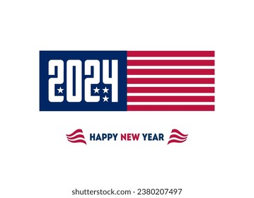 Flyer or poster with US flag colors and symbols and inscription 2024. Happy New Year, America!