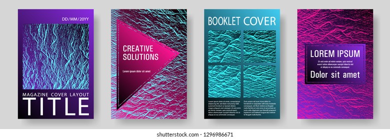 Flyer poster vector graphic design set. Pink blue purple synthwave textures. Advertising banner or covers. Modern poster, cover or flyer templates. Fluid buzzing wavy noise ripple texture.