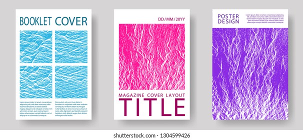 Flyer poster vector graphic design set. Teal pink purple waves texture backdrops. Modern poster, cover or flyer templates. Flat geometric cover leaflets. Buoyant wavy flux background pattern.
