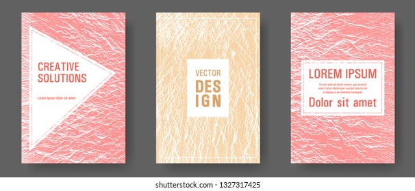 Flyer poster vector graphic design set. Sand and coral colors waves textures. Corporate finance book cover. Buzzing rippling motion background texture. Modern poster, cover or flyer templates.